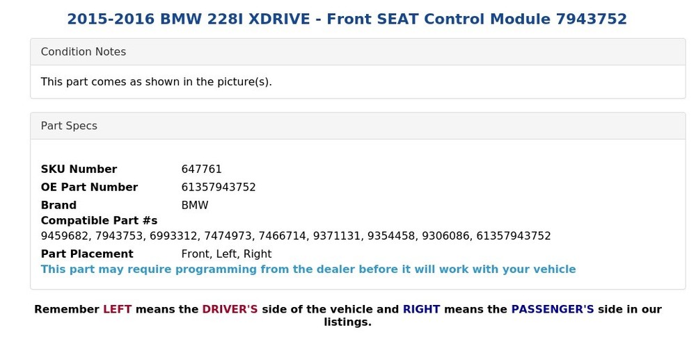 2015-2016 BMW 228I XDRIVE - Front SEAT Control Module 7943752