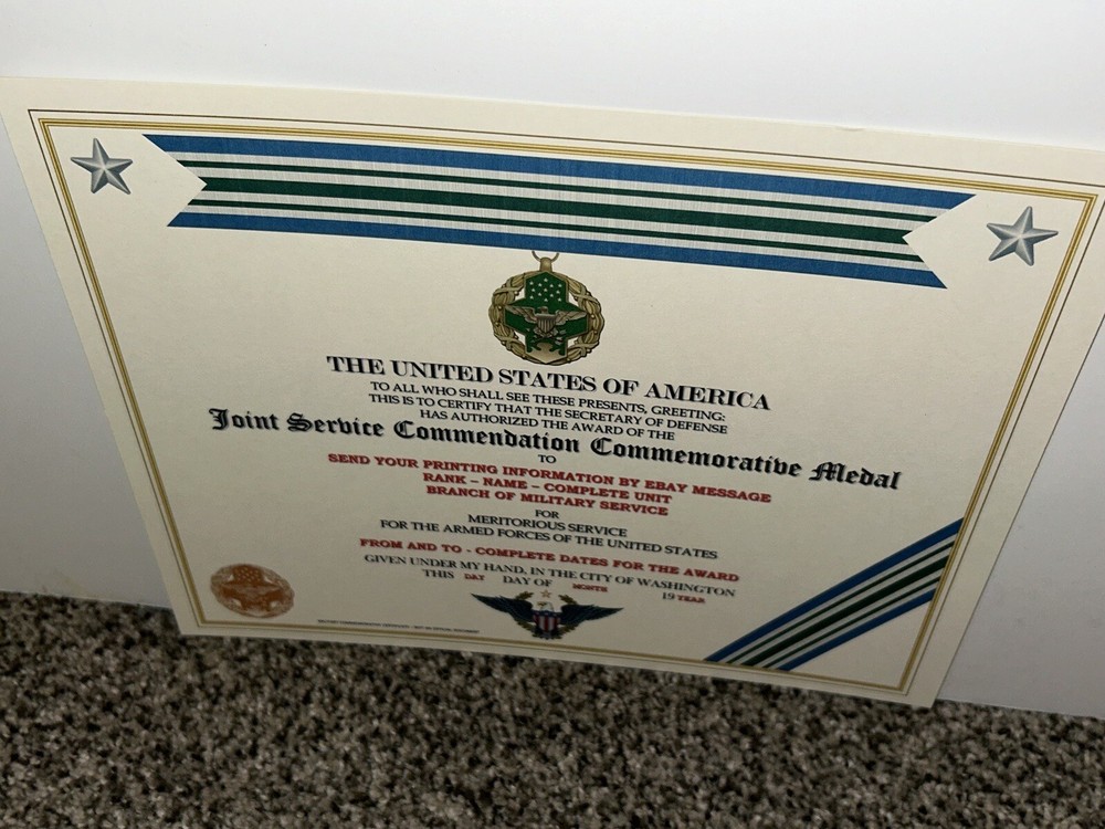 JOINT SERVICE COMMENDATION COMMEMORATIVE MEDAL CERTIFICATE ~ W/PRINTING T-1