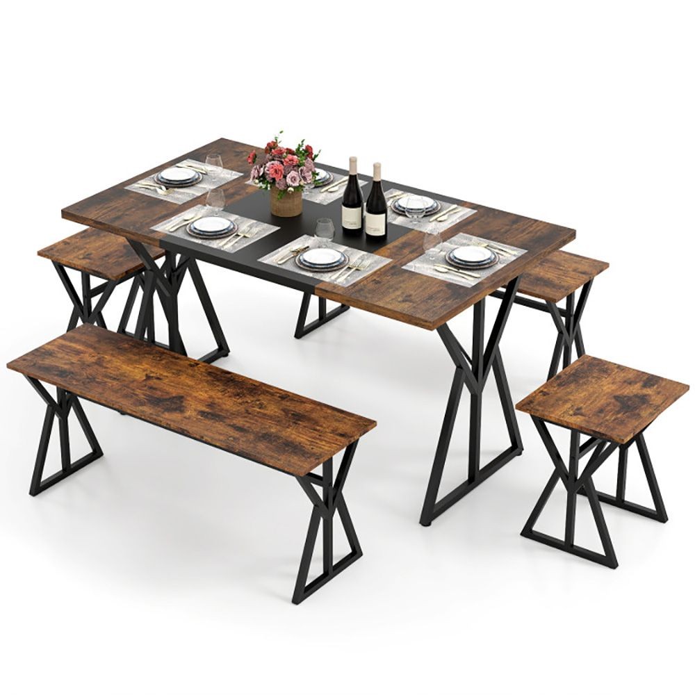 Space-Saving 5-Pc Industrial Dining Set: Table, Benches, Stools