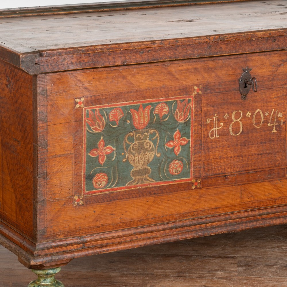 Original Painted Flat Top Trunk With Flowers, Austria dated 1804
