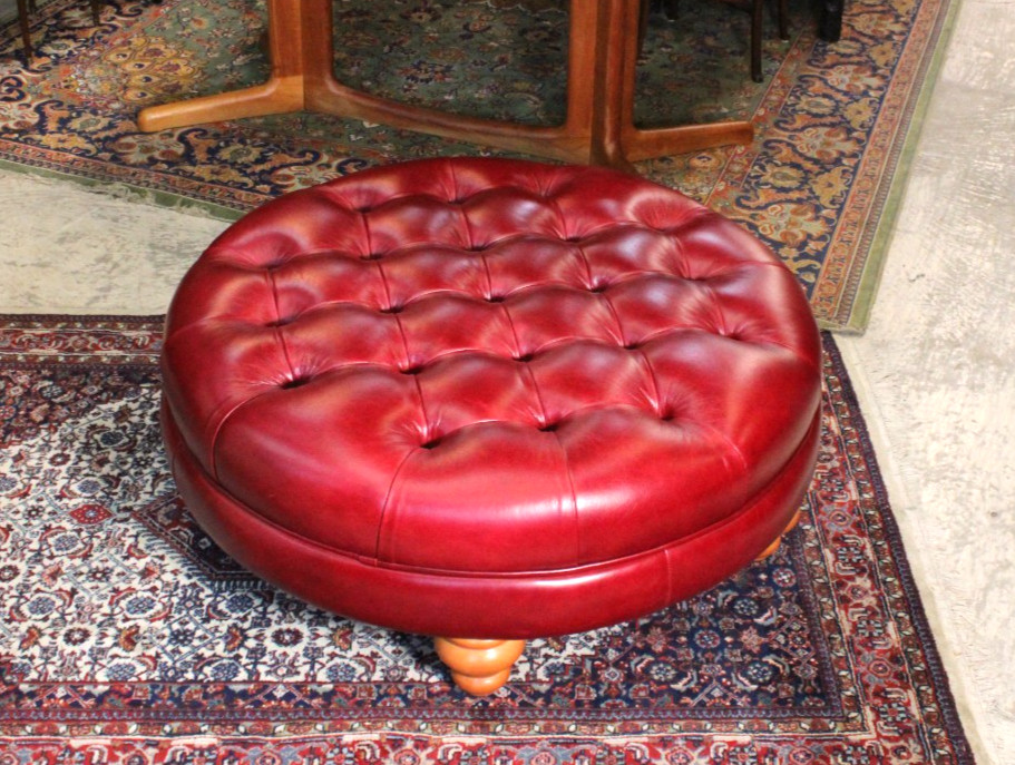 English Red Leather Chesterfield Tufted Bench Ottoman Coffee Table