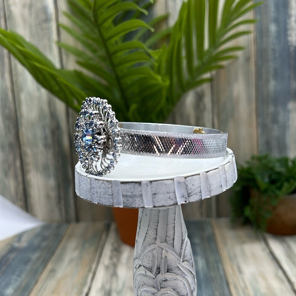 Adorned Crown Jewelry assemblage blue rhinestone silver sparkle bangle bracelet
