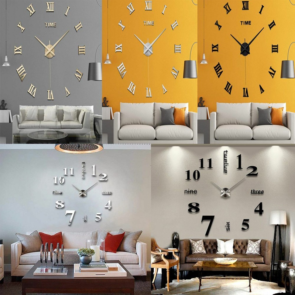 3D Modern DIY Large Wall Clock Mirror Surface Sticker Home Art Design Decor US