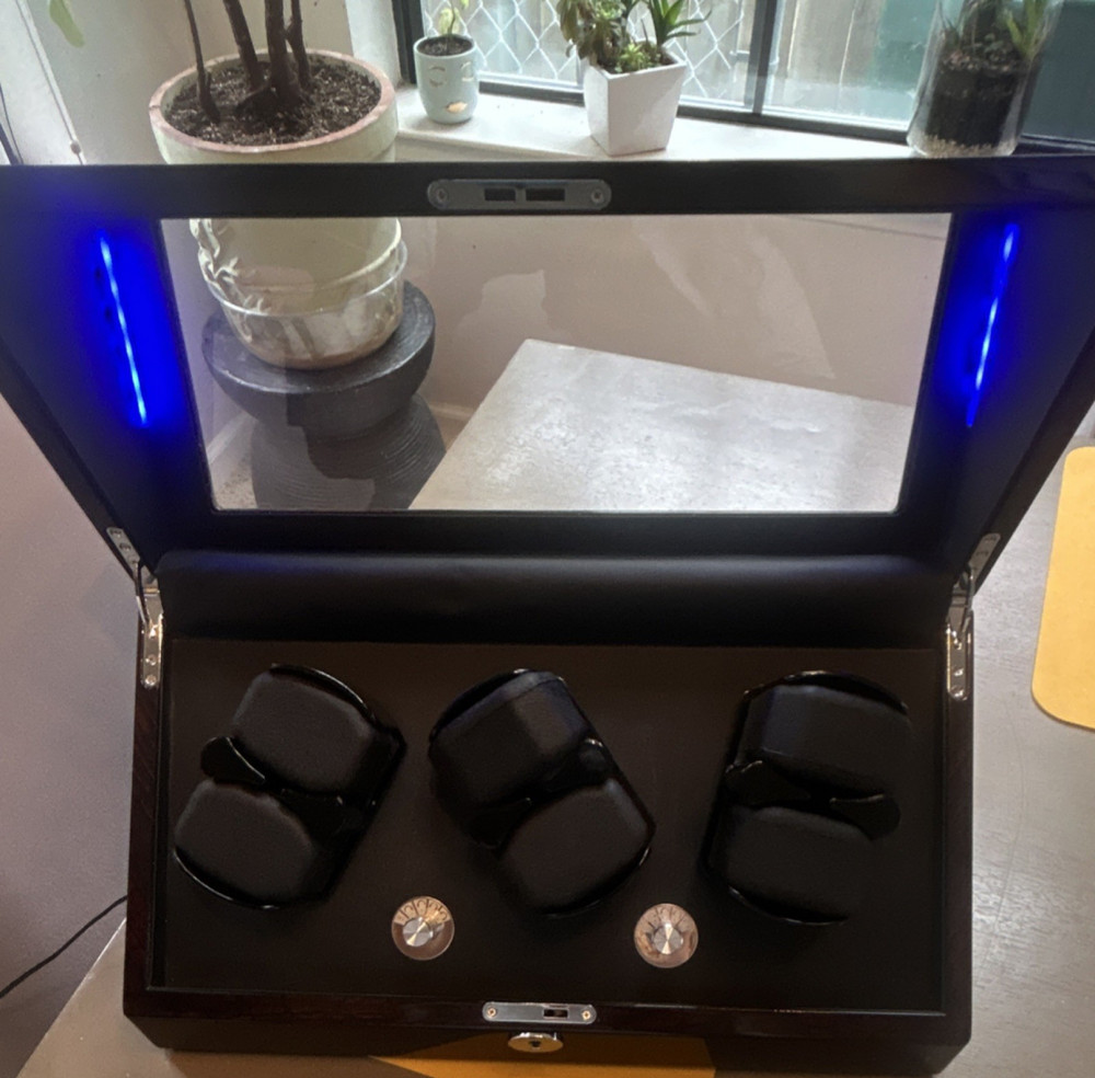Black 6-Watch Winder Display Case Box with Blue LED Lights, Capacity 4-7
