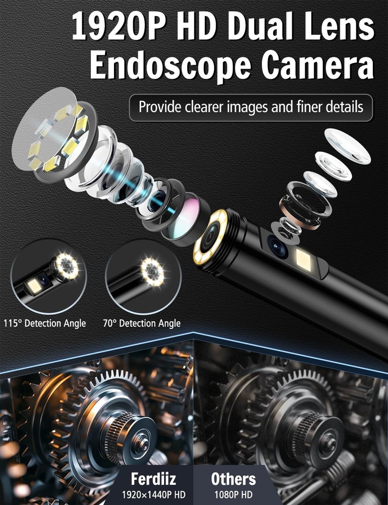 1920P HD Endoscope Borescope 8mm Inspection Snake Camera for iPhone Android iOS