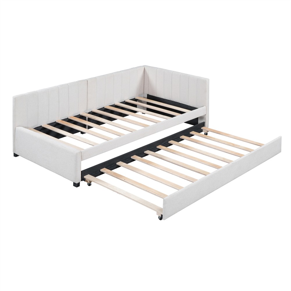 Twin Size Daybed w/ Pull Out Trundle Linen Upholstered Bed Frame Sofa Bed