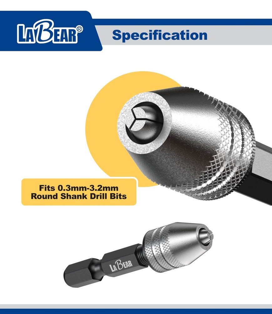 LABEAR - Drill Chuck Keyless Mini Adapter ¼ Inch Hex Shank | 0.3-3.2mm Capaci...