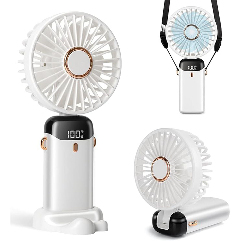 Foldable Handheld Fan White Battery Display,5 Speeds,USB Charging,8Hrs Cooling
