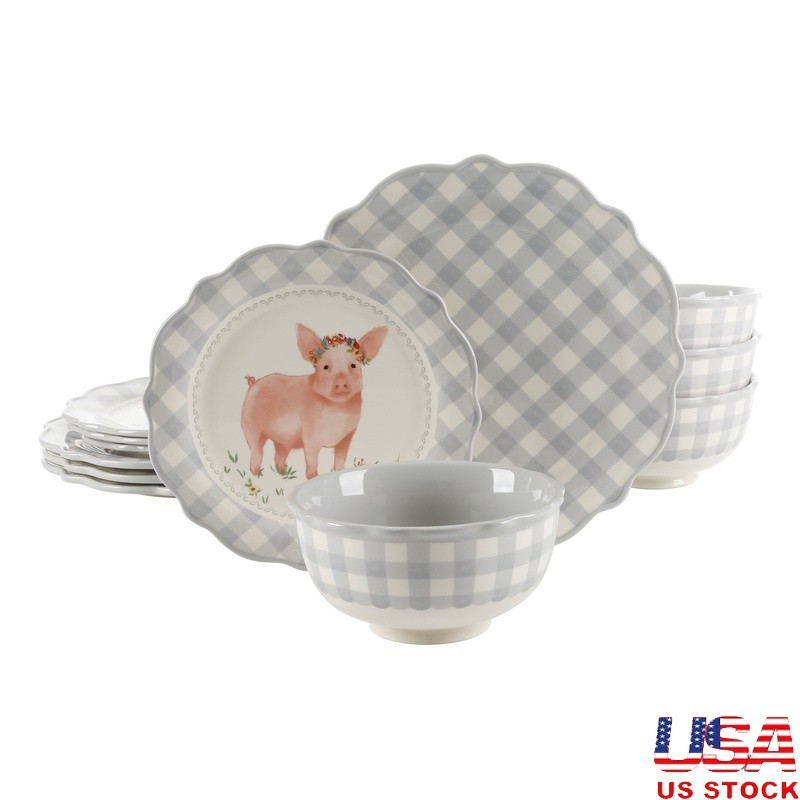 Gingham Dinnerware Set 12 Pieces Ceramic Service 4 Microwave Dishwasher Safe New