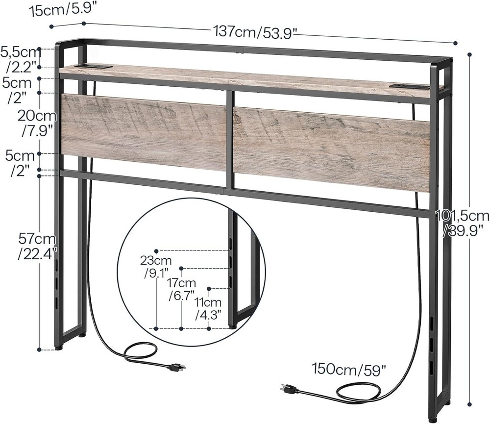 Adjustable Full Size Headboard with Shelving, USB Ports & Elegant Greige Design