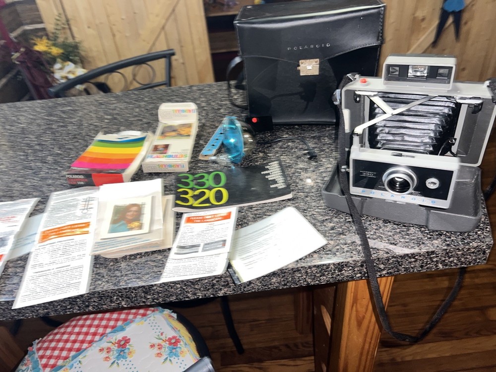 Vintage Polaroid Automatic 330 Land Camera With Case & Manual, Paperwork + Flash