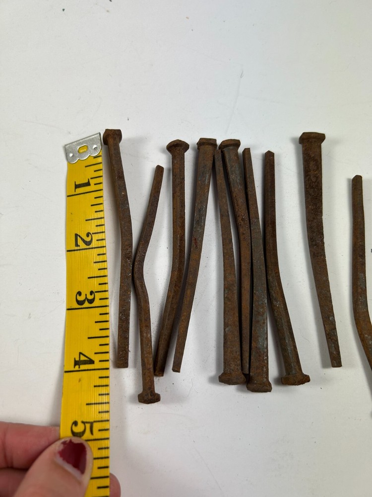 10 ANTIQUE (1800'S) SQUARE 4" LONG NAILS RUSTY SOME BENT