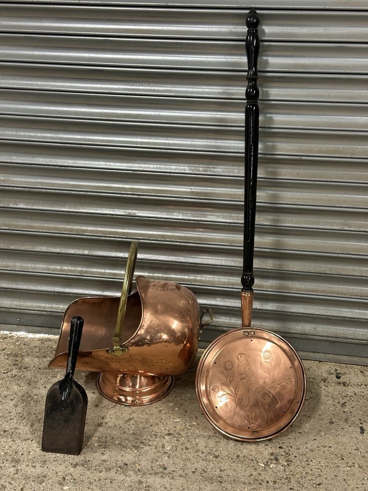 Antique 19thC Copper Coal Scuttle With Pin Hammered Pattern Bed Warmer