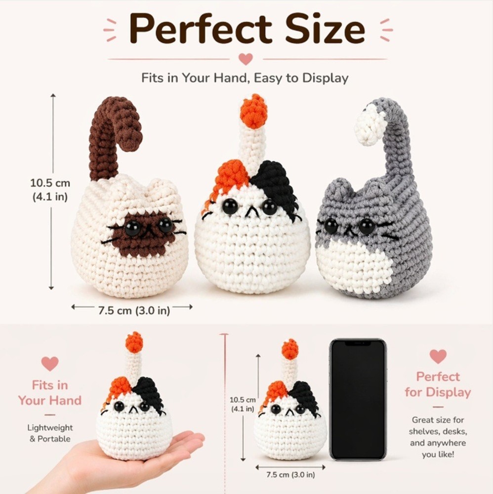 Cat Crochet Kit 3 Pack for Beginners Amigurumi DIY Set with Video Tutorial