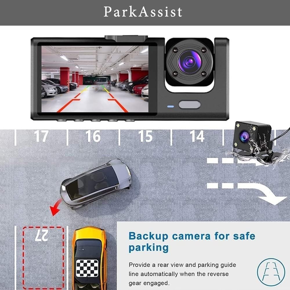 3 Channel Dash Cam Front Rear & Inside 2" HD Display Night Vision G-Sensor 32GB