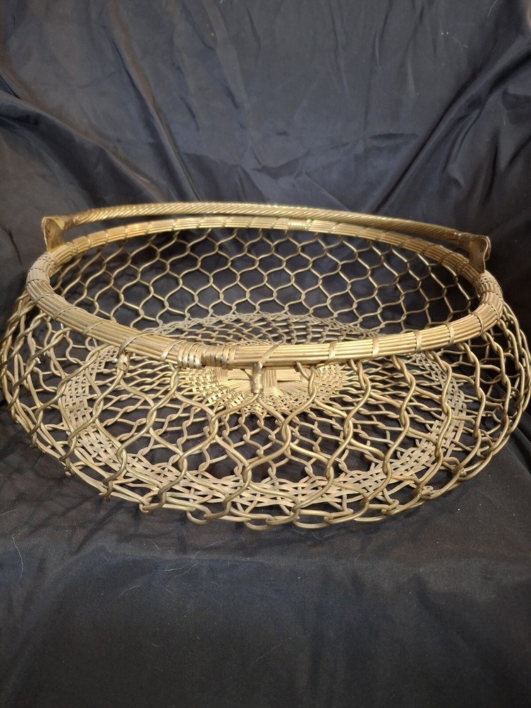 Vintage Gatco Woven Solid Brass Fishnet Wire Basket w/ Handle 14”