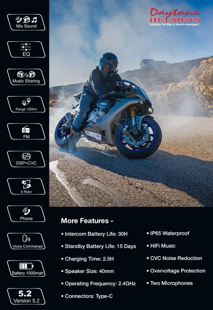 Daytona Helmets Motorcycle Bluetooth Headset Communication System 2 Riders