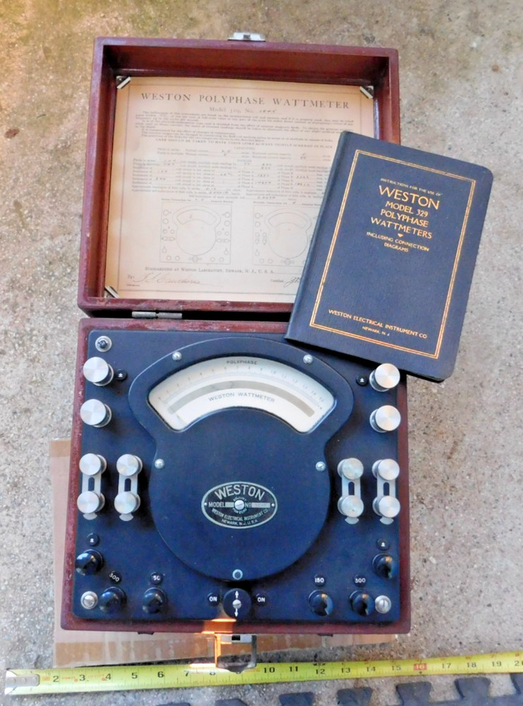 ANTIQUE WESTON MODEL 329 POLYPHASE WATTMETER IN WOOD CASE WITH INSTRUCTION BOOK