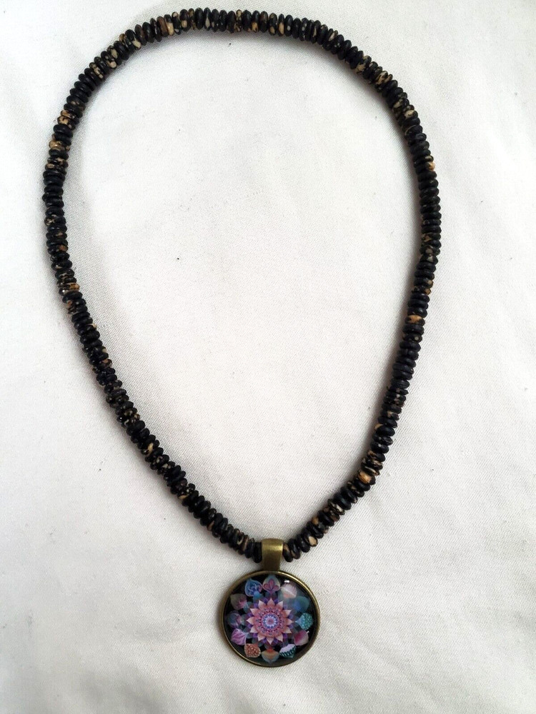 Bone Necklace w/Multi-colored Antique Brass Pendant