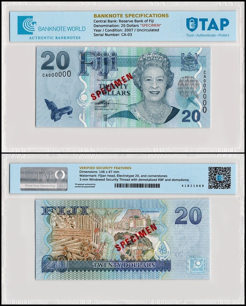 Fiji 20 Dollars, 2007 ND, P-112s, UNC, Specimen, TAP Authenticated