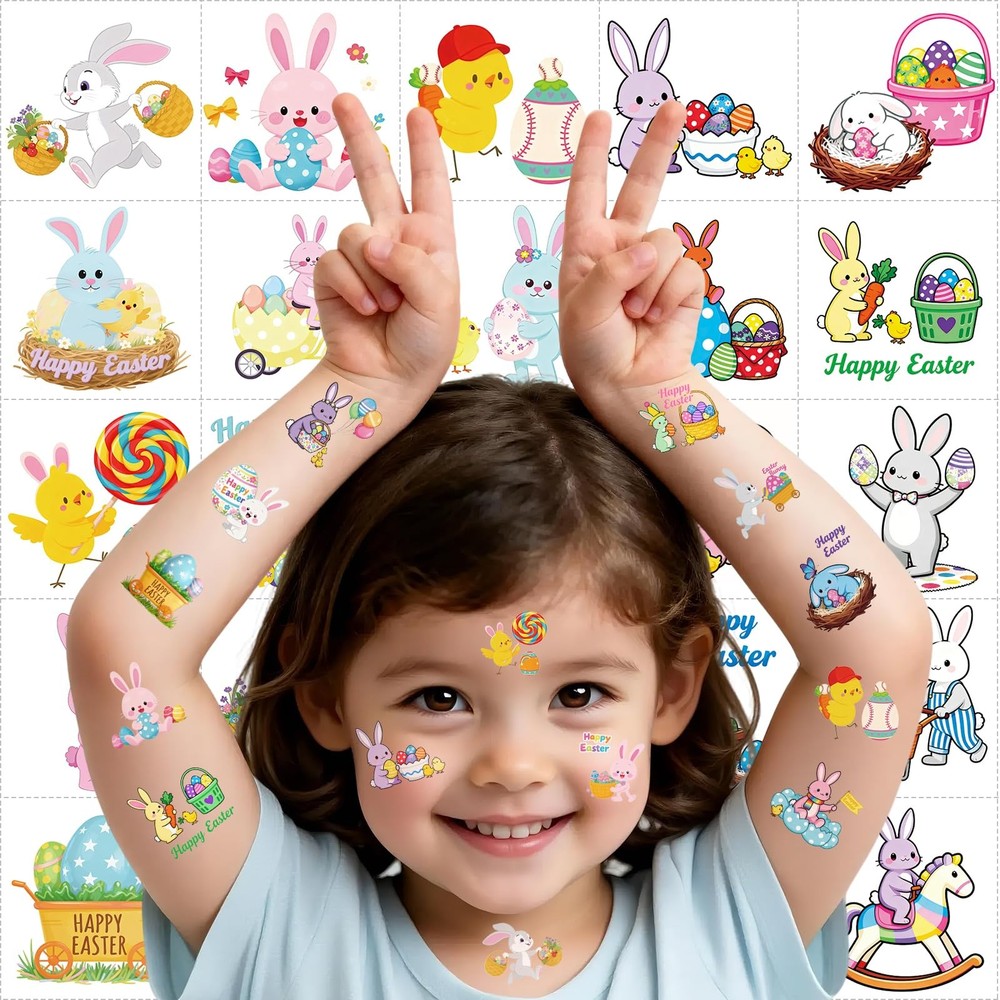 Easter Tattoos - 150 PCS Temporary Tattoo Stickers with Bunny & Multicolor