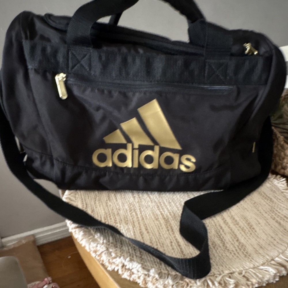 adidas Black Gold Gym Bag Zip Closure Adjustable Strap Polyester Logo