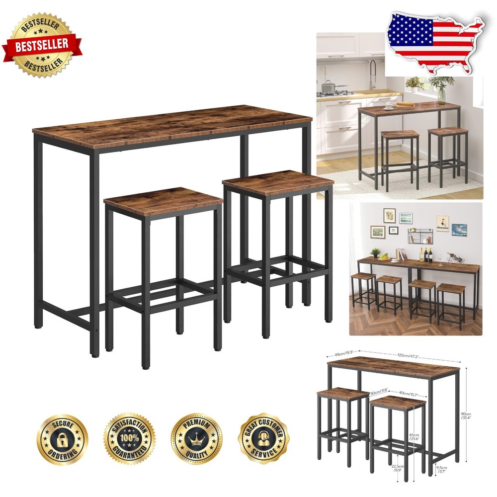 Rustic Brown Bar Table Set 3-Piece Industrial Pub 47.2" Rectangular Stools