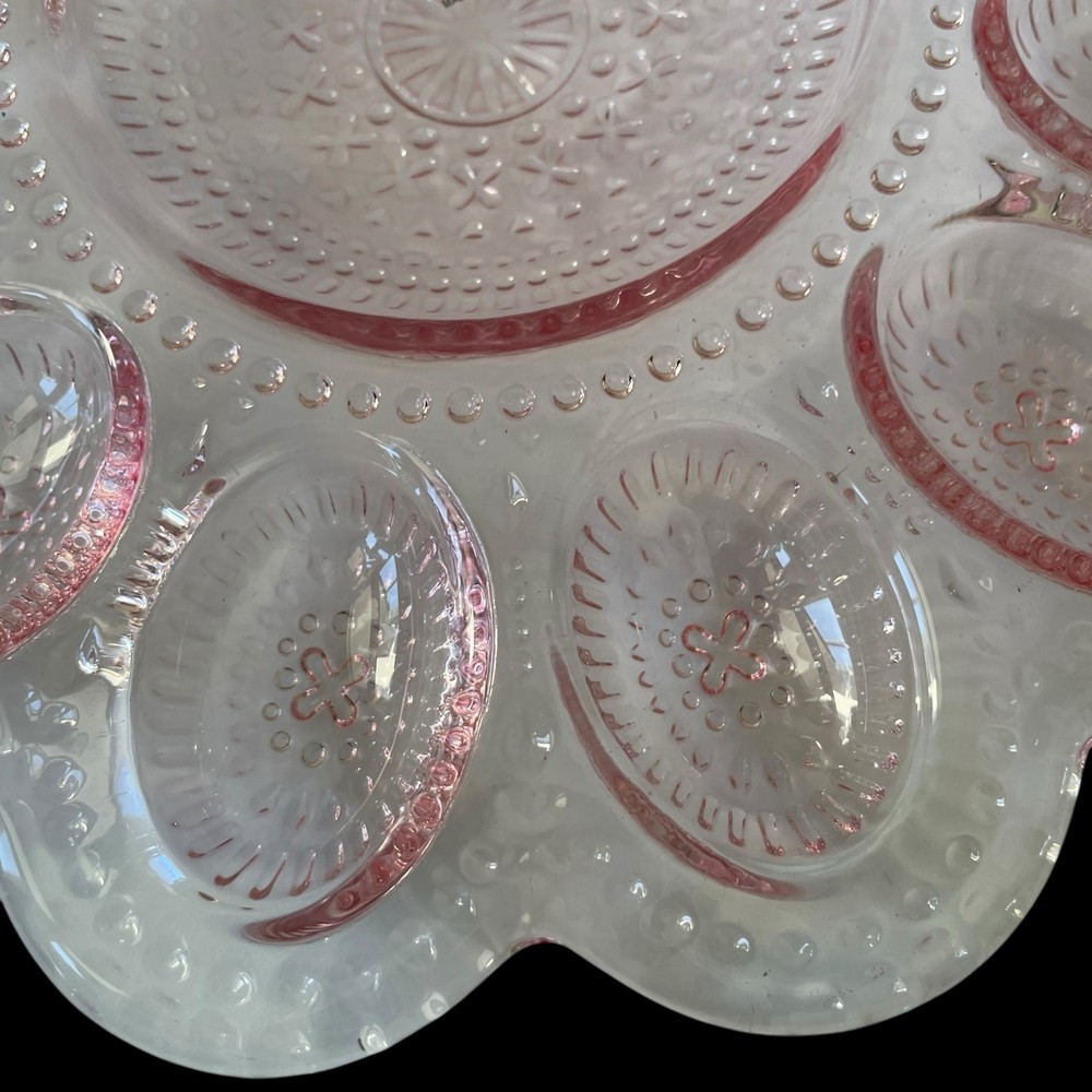 NEW Bunny Boulevard Pink Glass Devilled Egg Plate Platter 10in Embossed Easter