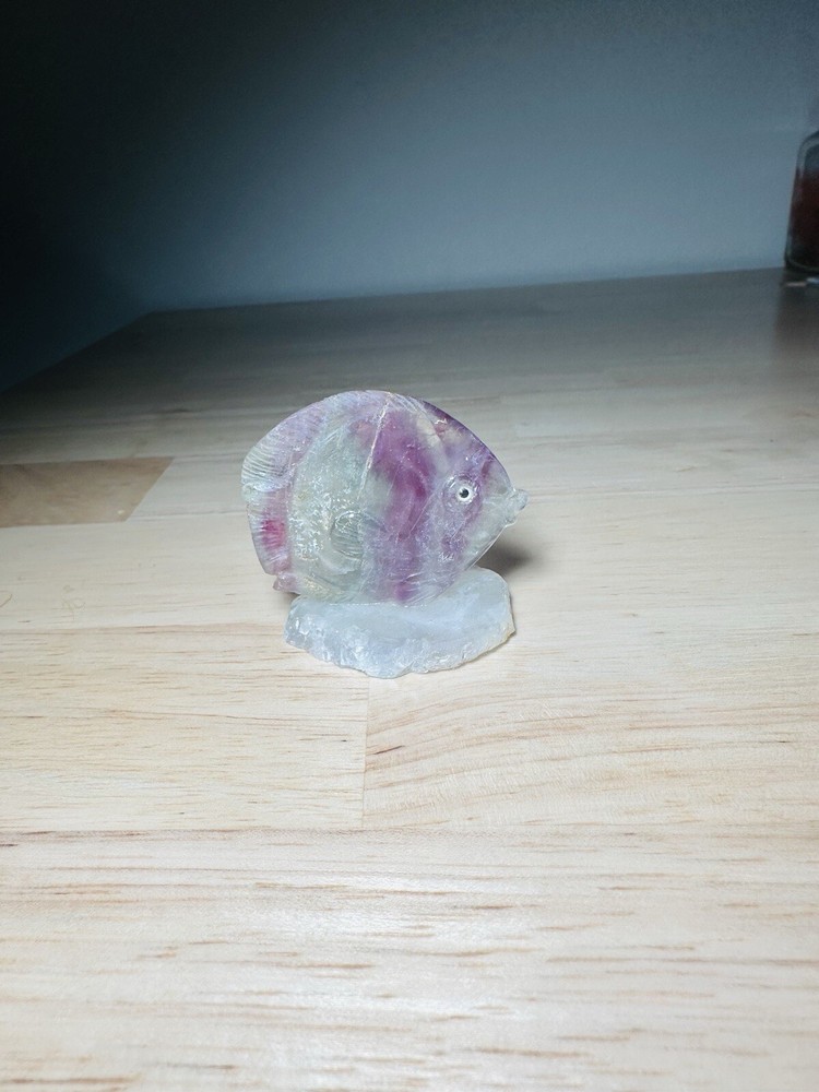 Natural Stone Carved Purple Angel Fish On Base Base
