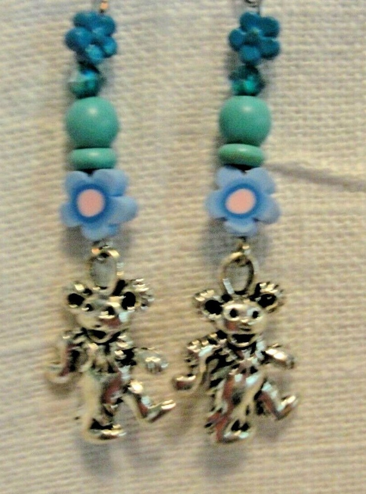 GRATEFUL DEAD DANCING BEAR BEADED DANGLE EARRINGS-BLUE FLOWER