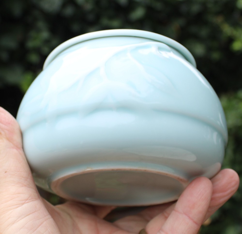 Ceramic Light Blue Pet Urn with Embossed Vines
