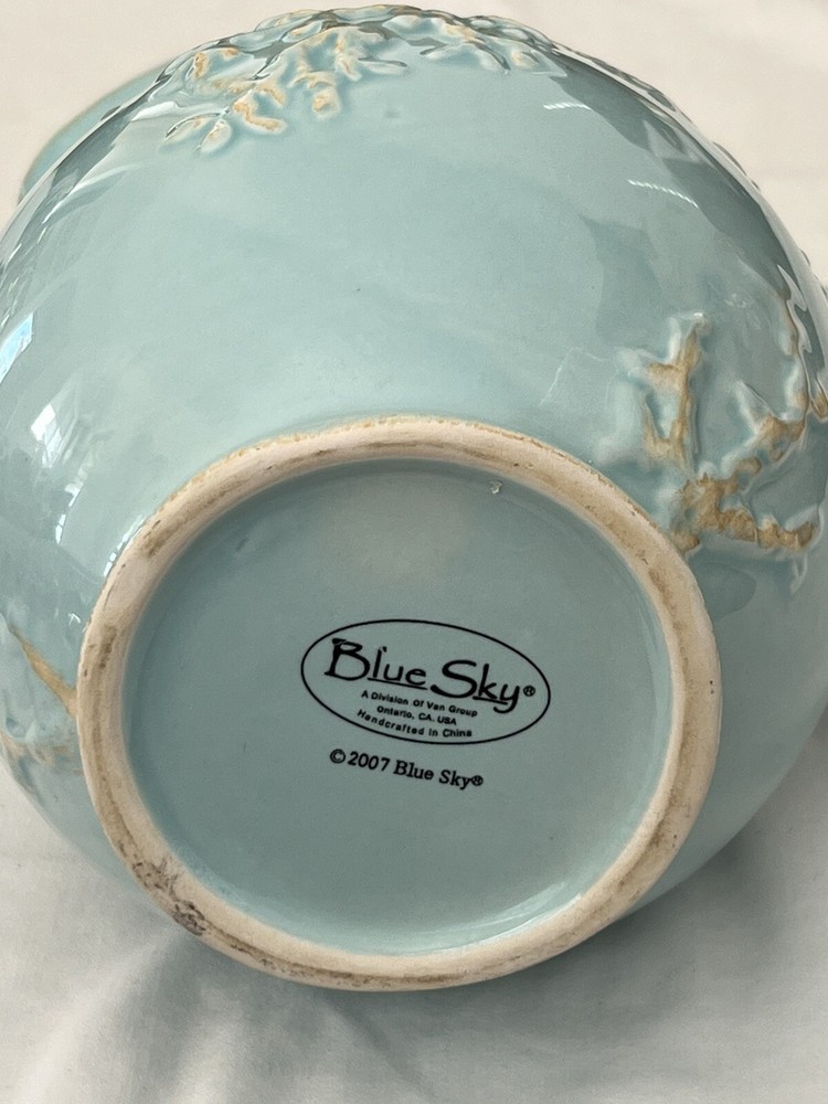 Blue Sky Clayworks Seashell Pitcher Distressed Blue Ceramic 8" Tall 2007