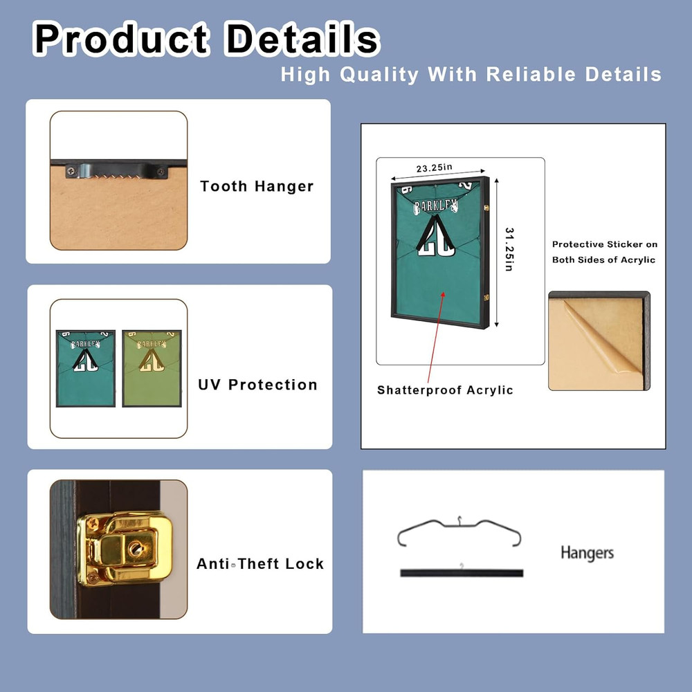 Large Sports Jersey Display Case – Lockable, UV-Protected Shadow Box