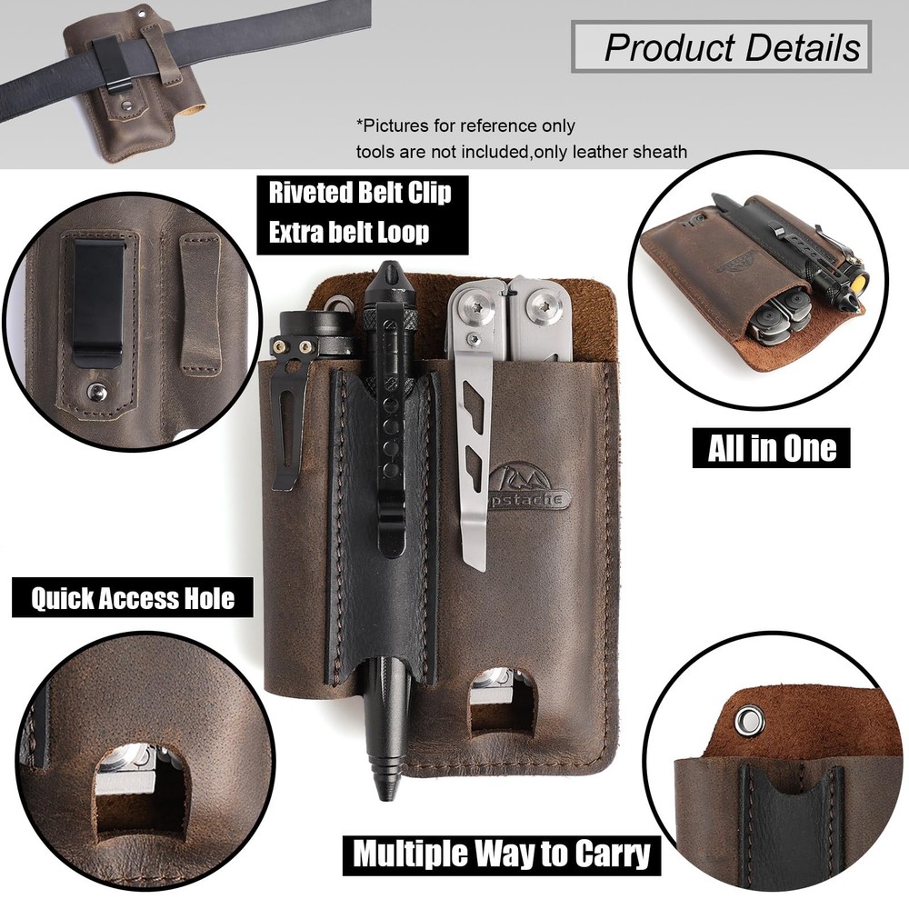 Topstache Leather Multitool Sheath: EDC Belt Organizer, Flashlight Pen Holder