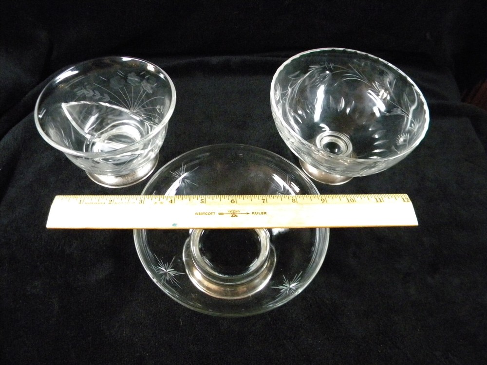 etched glass candy nut dishes with sterling bases