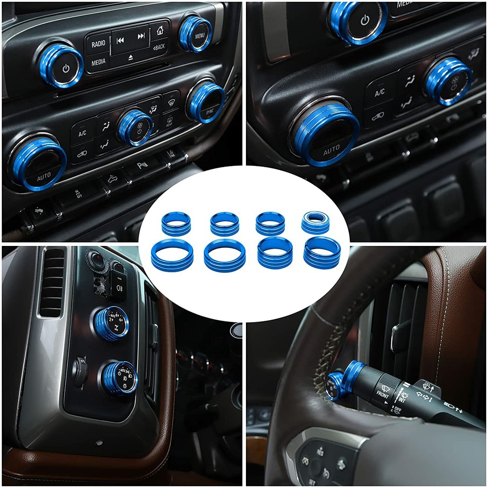 8X Center Console Radio AC Knobs Switch Button Trim for 2014-18 Chevy Silverado