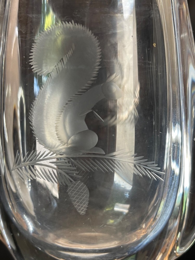 Orrefors Crystal 7" Etched Squirrel Vase - Nice! 5443