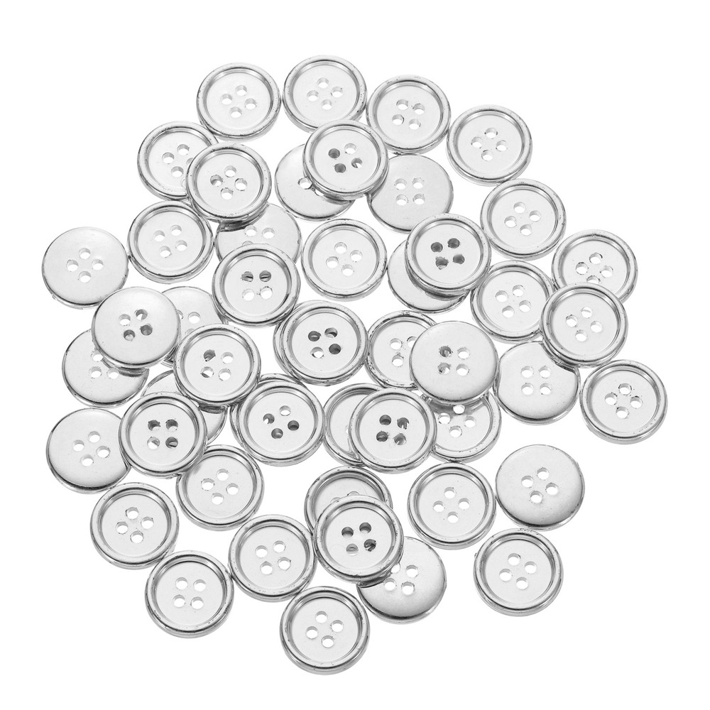 50pcs Plastic Sewing Buttons 15mm 4-Hole Round Craft Button, Silver