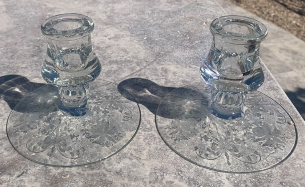 Orchid Etched Crystal Single Lite Candlestick Pair