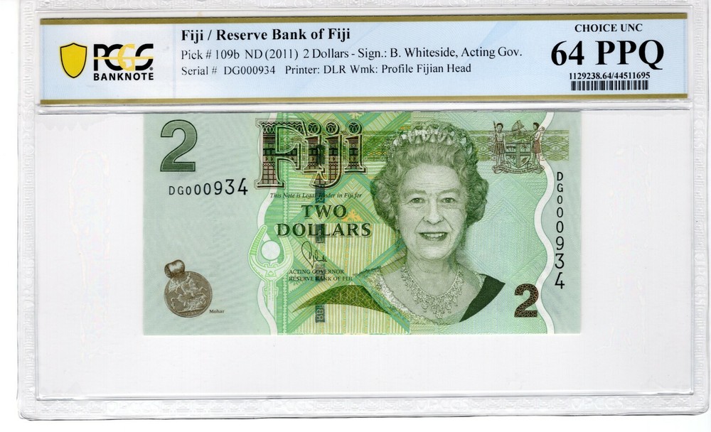 Fiji 2011 $2 PCGS Banknote UNC 64 PPQ Pick 109b Low Serial #