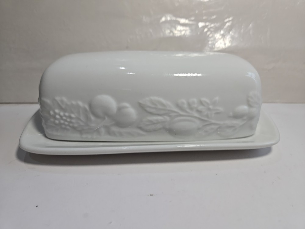 GIBSON DESIGNS Covered Butter Dish with Lid Embossed Fruit White Ceramic