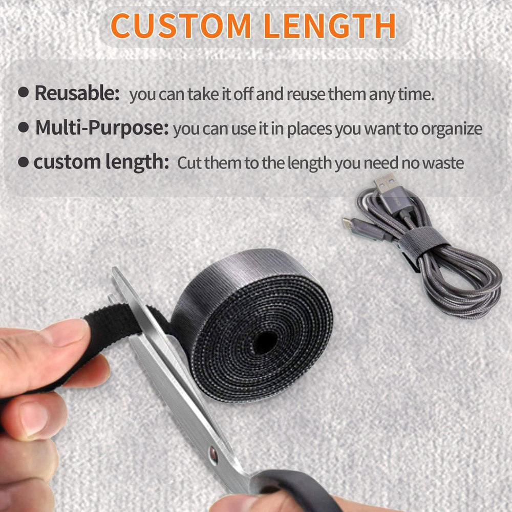 32FT Reusable Fastening Tape Cable Ties Double-Sided Hook-And-Loop Cable Mana...