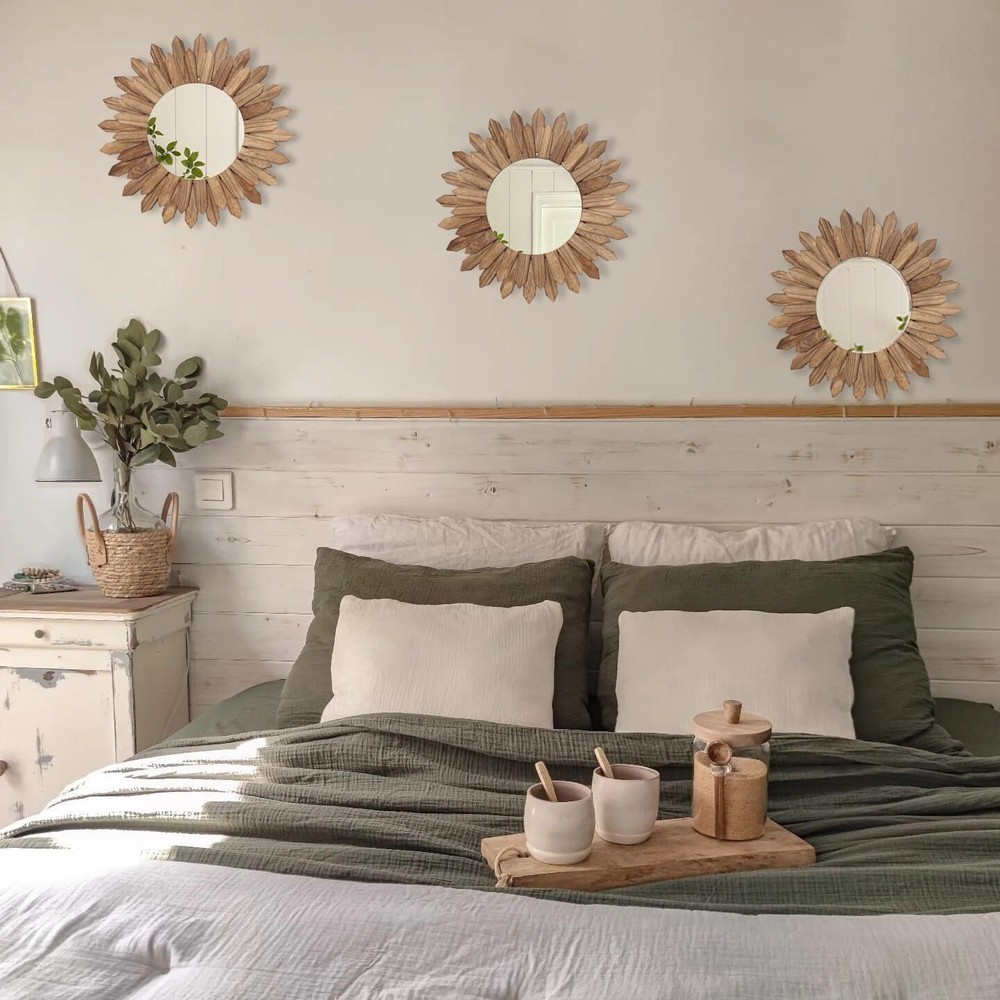 Boho Wall Decor Sunburst Mirror 3 Pack Rustic Round Wood Mirror 12 Inch Boho Mir