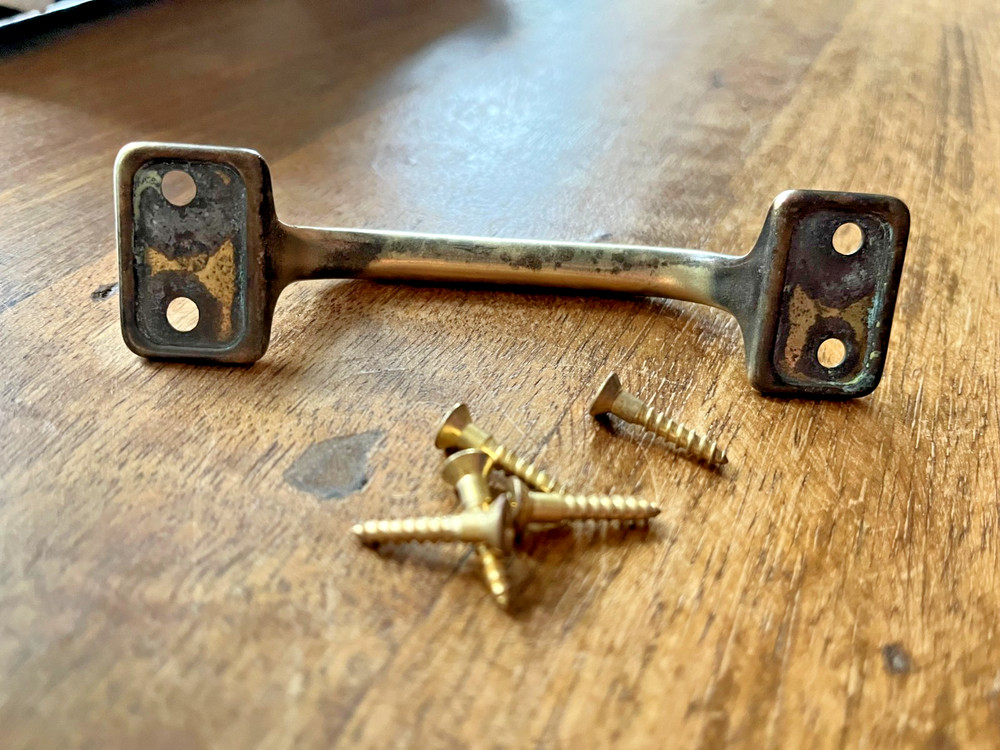 Vintage Antique Solid Brass Window Sash Bar Handle Drawer Pull & Screws 4 1/8"