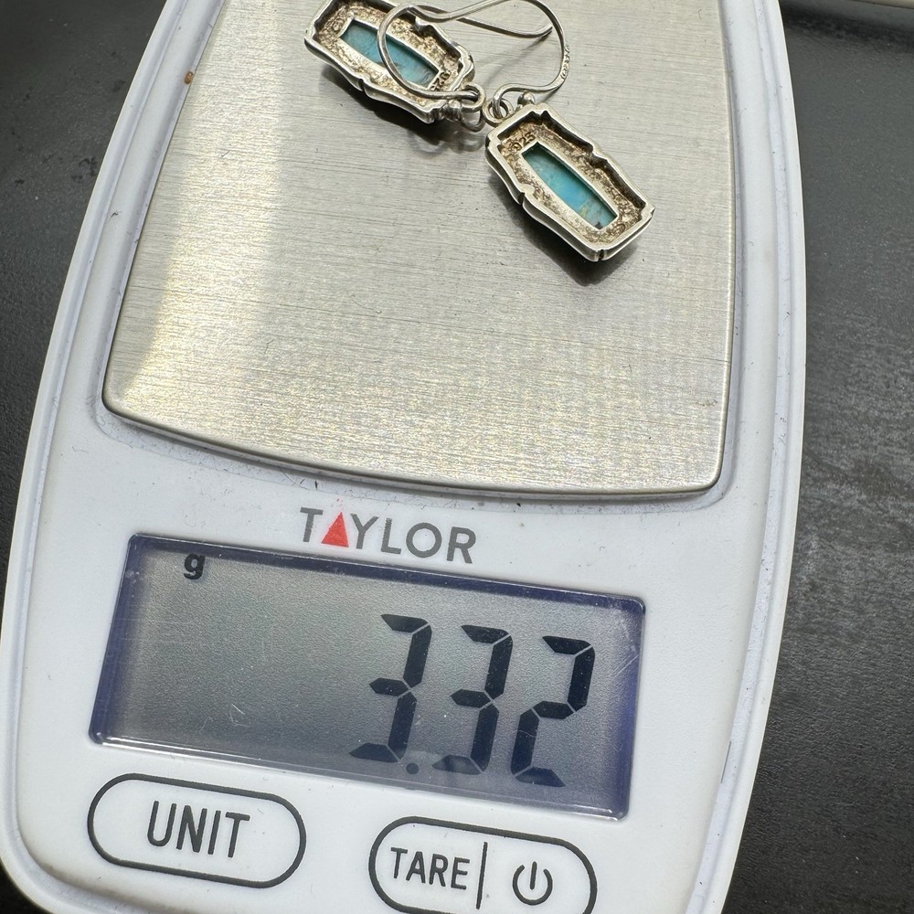 Sterling Silver Turquoise Rectangular Dangle Earrings 1” 3.3g