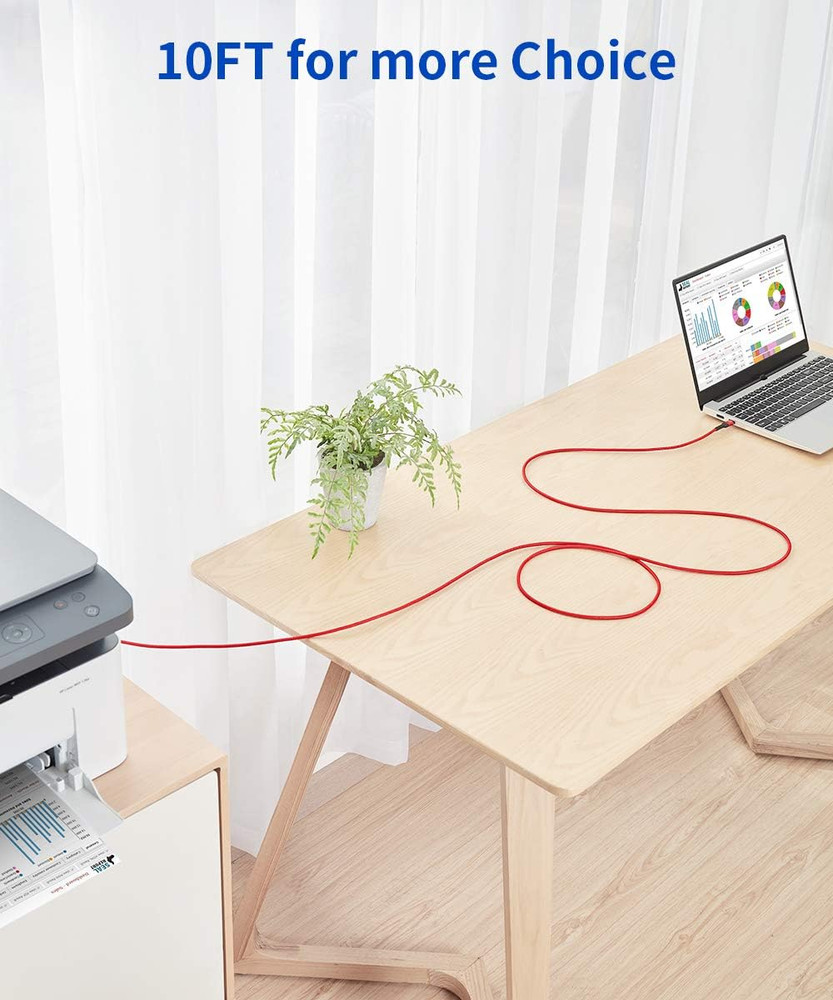USB B to USB C Cable 10Ft, USB C Printer Cable Compatible with Macbook Pro, HP,