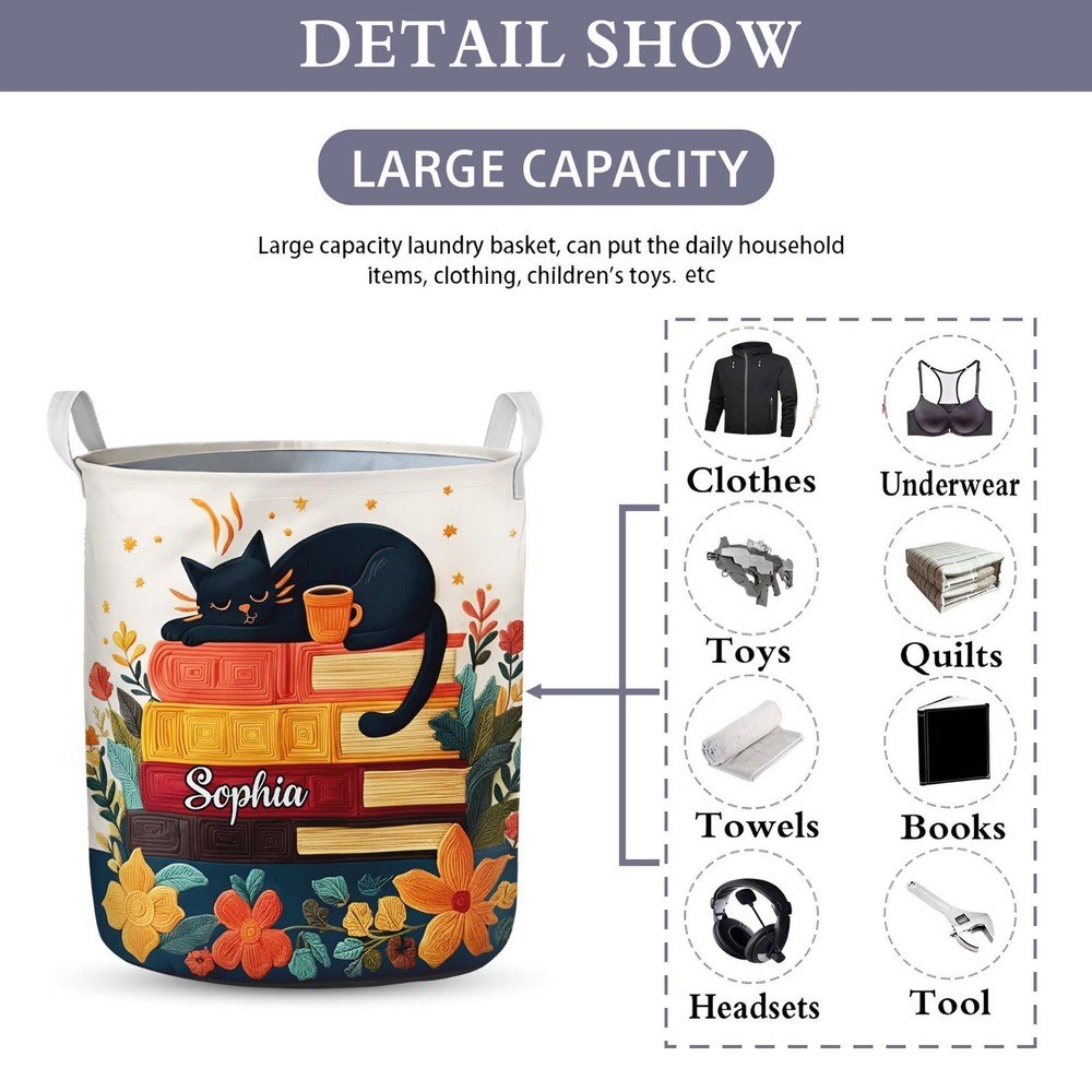 Personalized Cat Laundry Basket Book Lover Storage Hamper Custom Name Bedroom