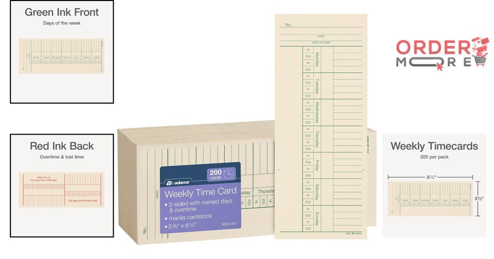 Time Cards Weekly Two-Sided Overtime Format Manila Green Red Print 200 Pack
