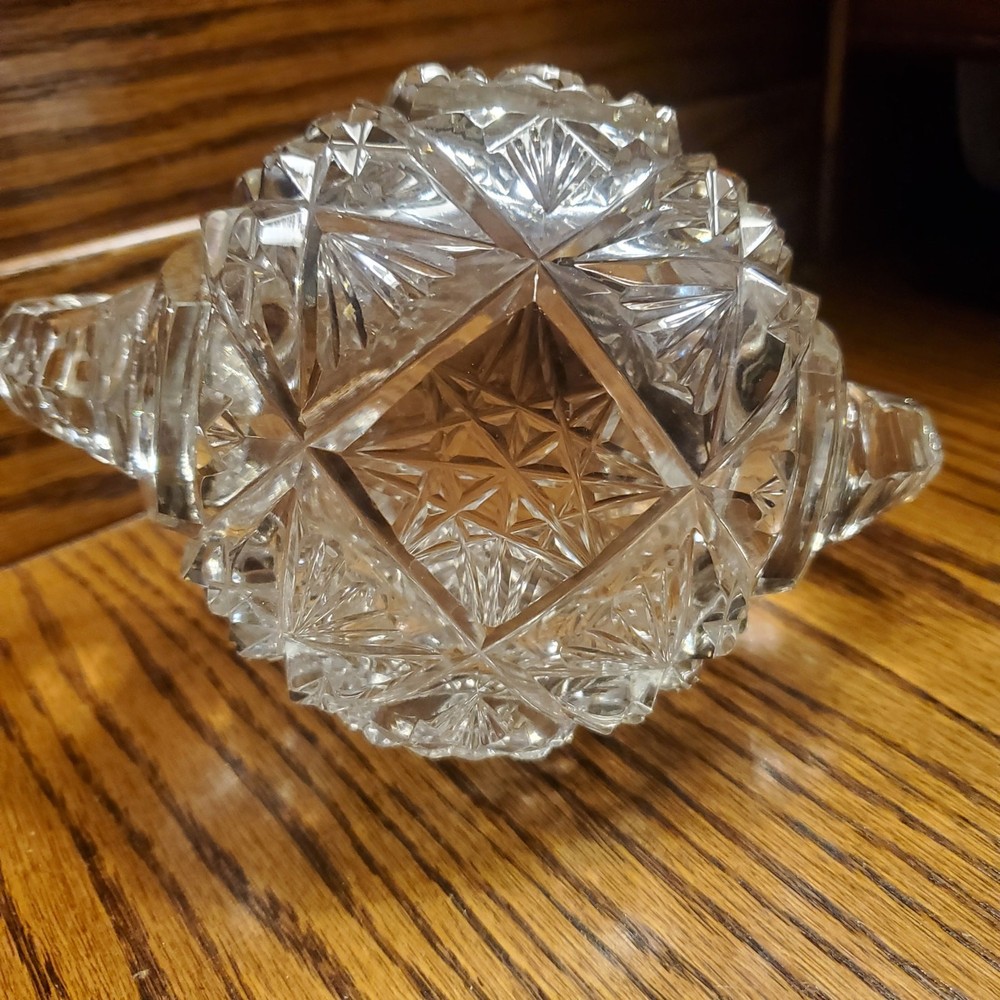 Vintage Cut Glass Sugar Bowl Double Handle Clear Crystal Starburst Pattern
