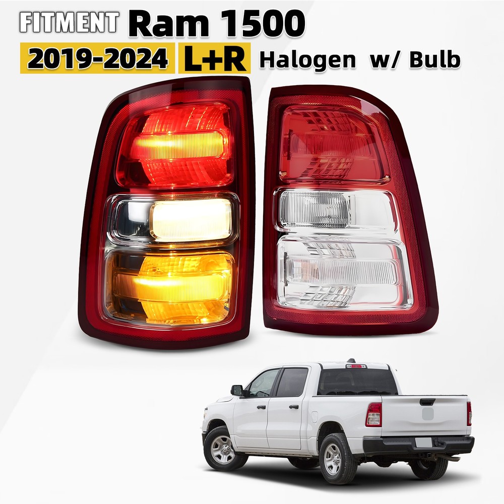 For 2019-2024 Ram 1500 Halogen Tail Light Assembly Chrome Bezel W/Bulb Pair L+R
